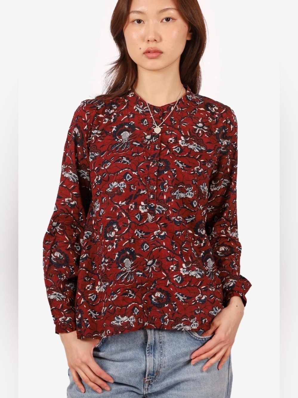 Isabel Marant Etoile Amaria Henley XS Burgundy Floral Cotton Long Sleve